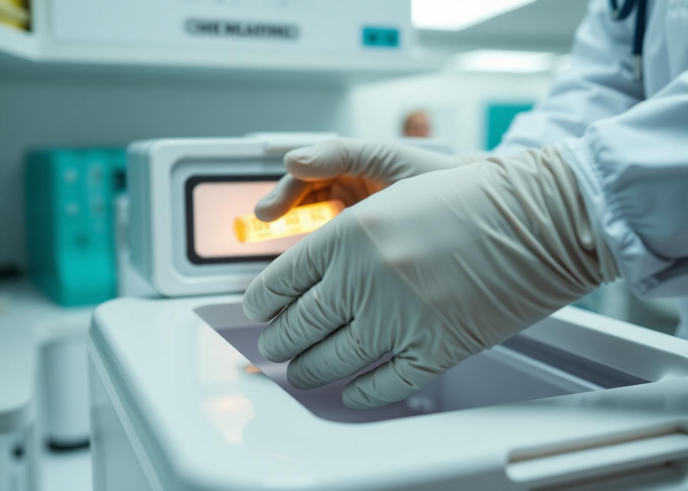 Gloved hands handling temperature-controlled medical specimens
